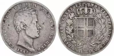 Sardegna 5 Lire Charles-Albert - Arms - 1842 P