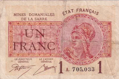 Sarre 1 Franc - Mines Dominiales de la Sarre - Type 1920 - S�rie A - VF.51.01
