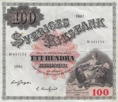 Schweden 100 Kronor - Svea - Gustav Vasa - 1961 - Serial N - P.48c