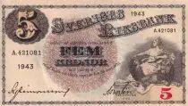 Schweden 5 Kronor - Svea - Gustav Vasa - 1943 - Serial A - P.33z