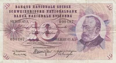 Schweiz 10 Francs - Gottfried Keller - Carnation Flowers - 23-12-1965 - Serial 45A