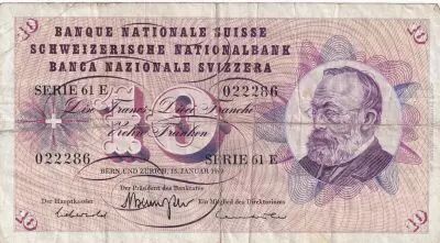 Schweiz 10 Francs 1967 - Gottfried Keller, Carnation Flowers - 15-01-1969 - Serial 61E