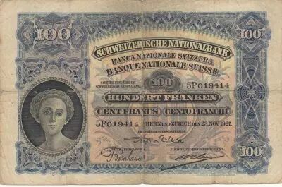 Schweiz 100 Francs 1945 - Woman\'s head, farmer