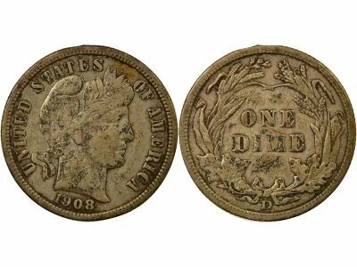 Silver Dime, Barber - 1908 D Denver