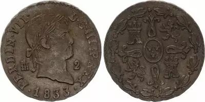 Spagna 2 Maravedis Ferdinand VII - 1833 - S�govia - KM.487