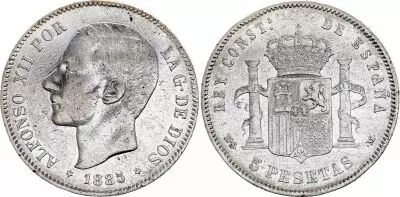 Spagna 5 Pesetas,  Alfonso XII - 1885 (87) - M SM - Silver - KM.688 - VF