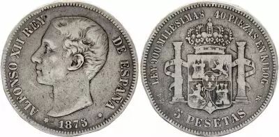 Spagna 5 Pesetas - Alfonso XII - Arms - 1875 - Silver - KM.671