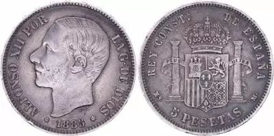 Spagna 5 Pesetas,  Alfonso XII - Arms -1885 (87)