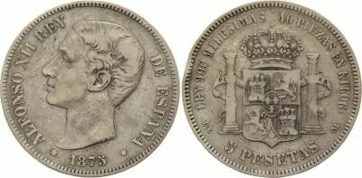 Spagna 5 Pesetas,  Alfonso XII - DE M --1875 - Silver - VF - KM.671