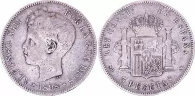 Spagna 5 Pesetas,  Alfonso XIII - Arms -1898