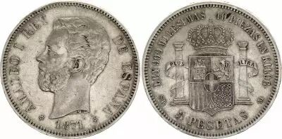 Spagna 5 Pesetas,  Amadeo I - Arms - 1871