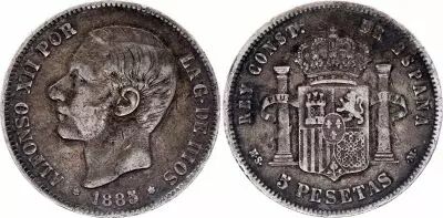 Spagna 5 Pesetas Alfonso XII - 1885  MS-M - VF - KM.688