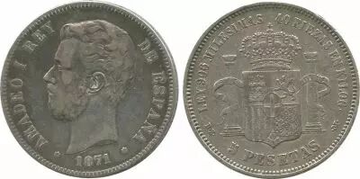 Spagna 5 Pesetas Amadeo I - Arms - 1871