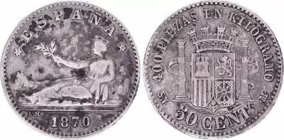 Spagna 50 Centimos, Liberty seated - Arms - 1870 SN M