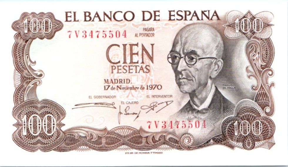 Cien 100 Pesetas 1970 Details about   Spanish Banknote Spain Manuel de Falla 
