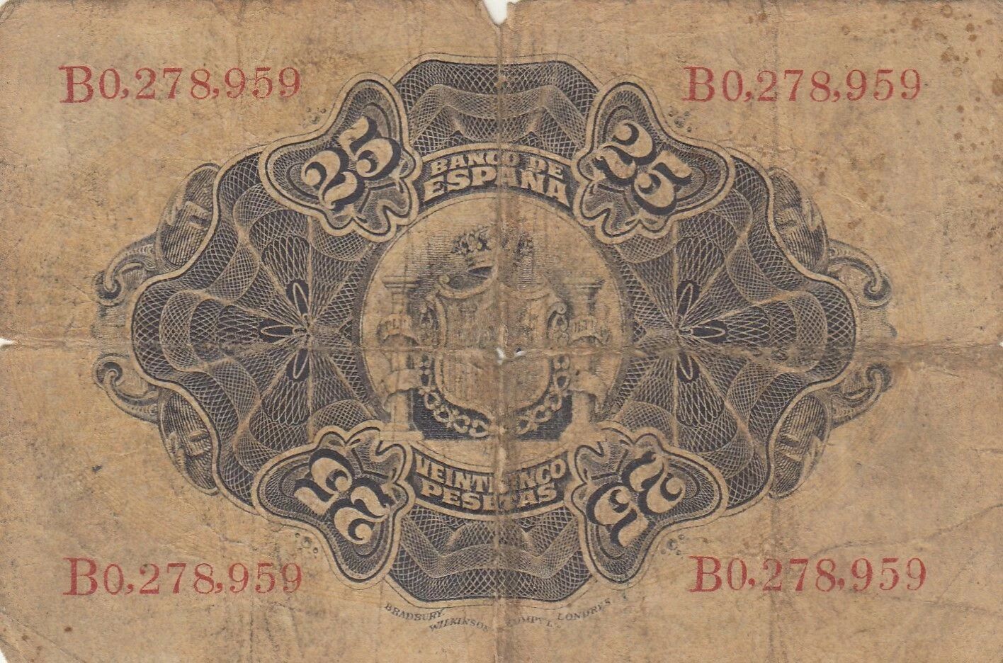 Banknote Spain 25 Pesetas - Seated Woman - Coat of Arms - 1906 - Series B