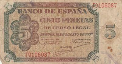 Spain 5 Pesetas - Burgos - 1938 - Series J