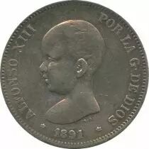Spain 5 Pesetas Alfonso XIII - Arms -1891