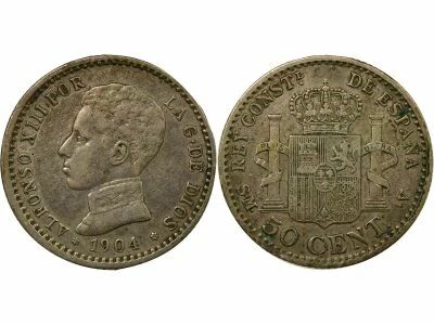 Spain Alfonso XIII - 50 Silver Centimos,4th Portrait - 1904 Madrid SMV
