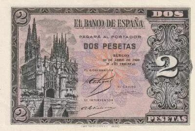 Spanien 2 Pesetas - Gothic church of Burgos - 1938 - Serial C - P.109