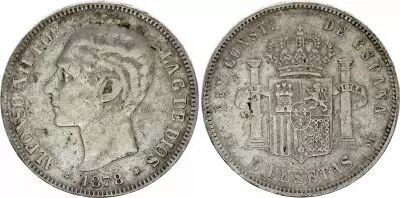 Spanien 5 Pesetas - Alfonso XII - Arms - 1878 - Silver - KM.676
