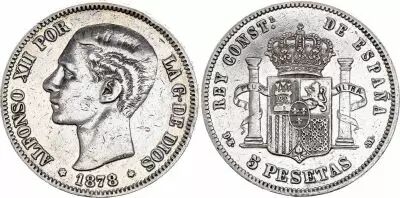 Spanien 5 Pesetas,  Alfonso XII - Arms --1878 - Silver - VF - KM.671