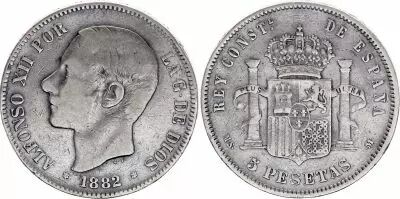 Spanien 5 Pesetas,  Alfonso XII - Arms - 1882 (81) MS-M