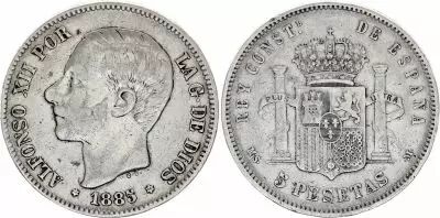 Spanien 5 Pesetas - Alfonso XII - Arms - 1885 - Silver - KM.688