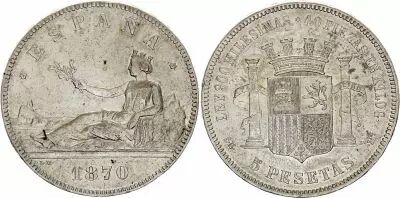 Spanien 5 Pesetas - Liberty seated - Arms - 1870 - Silver - KM.655