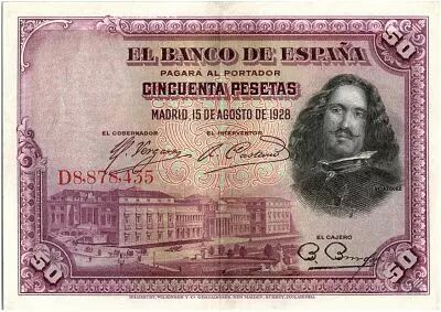 Spanien 50 Pesetas  - D. V�lasquez - 1928 - Serial D - XF to AU - P.75