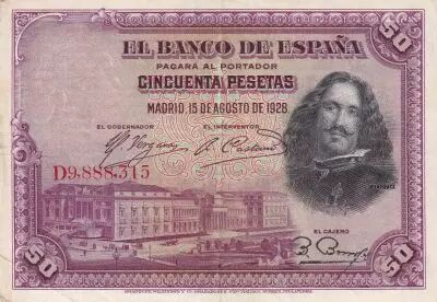 Spanien 50 Pesetas  - D. V�lasquez - 1928 - Serial E - VF - P.75