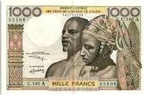 Staaten von Westafrika 1000 Francs river 1974 - Ivory Coast - Serial A.140 A - P.103 Ak - XF to AU