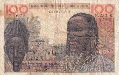 Stati dell\'Africa dell\'ovest 100 Francs - Mask - 02-03-1965 - Serial F.232 - Letter K (Senegal) - P.701Ke