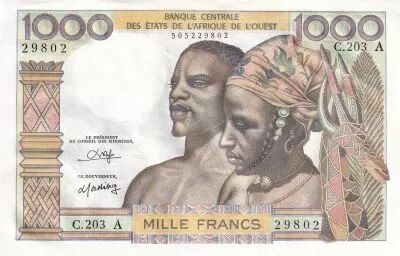 Stati dell\'Africa dell\'ovest 1000 Francs - Man, woman - ND (1980) - Letter A (Ivory Coast) - Serial C.203 - P.103An