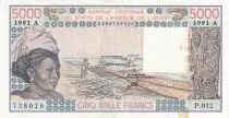 Stati dell\'Africa dell\'ovest 5000 Francs - Woman, fish, boat- 1991 - Lettre A ( C�te d\'Ivoire) - Serial P.012 -P.108Ar