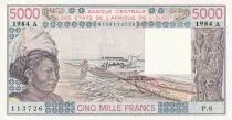 Stati dell\'Africa dell\'ovest 5000 Francs 1985 - Woman, fish, boat - Serial P.6 - P.UNC - P.108Ap