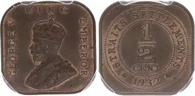 Straits Settlements 1/2 Cent George V - PI�ce carr�e - 1932 - PCGS MS 63BN