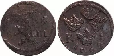 Suecia 1/6 Ore Carl XI - Armoiries - 1669
