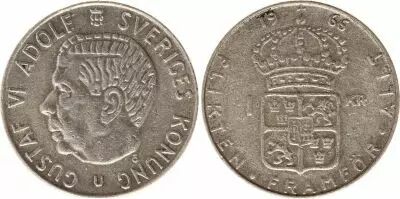 Suecia 1 Krona 1966U - Coat of arms, Gustaf VI - Silver