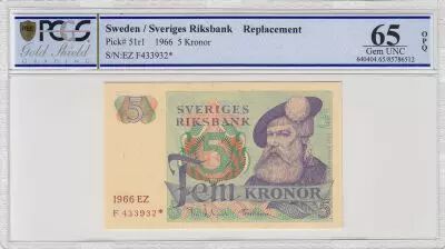 Suecia 5 Kronor Roi Gustaf Vasa - 1966 * - PCGS 65 OPQ