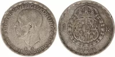 Su�de 1 Krona 1946TS - Armoiries, Gustaf V - Argent