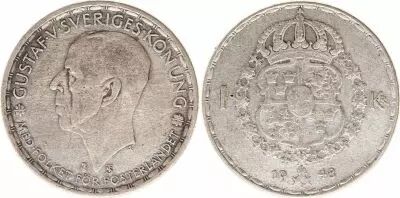 Su�de 1 Krona 1948TS - Armoiries, Gustaf V - Argent