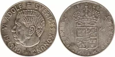 Su�de 1 Krona 1968U - Armoiries, Gustaf VI - Argent