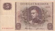 Su&egrave;de 5 Kronor - Roi Gustaf VI - 1955 -  S&eacute;rie FH - P.42b