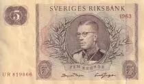Su&egrave;de 5 Kronor - Roi Gustaf VI - 1963 -  S&eacute;rie UR - P.50b