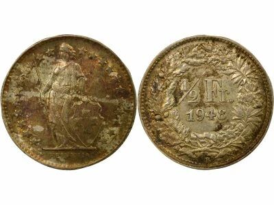 Suisse 1/2 Franc Argent, Helvetia debout - 1948 B Berne