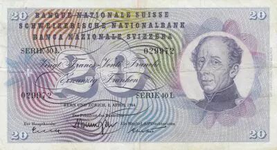 Suisse 20 Francs - Guillaume-Henri Dufour - Chardon argent� - 02-04-1964 - S�rie 40L