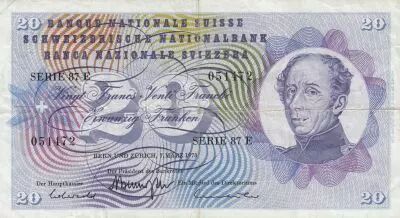 Suisse 20 Francs - Guillaume-Henri Dufour - Chardon argent� - 07-03-1973 - S�rie 87E