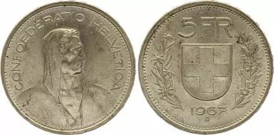 Suisse 5 Francs Guillame Tell,  1967 - B Berne - Argent