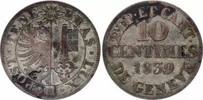 Suiza 10 Centimes, Canton de Gen�ve - 1839